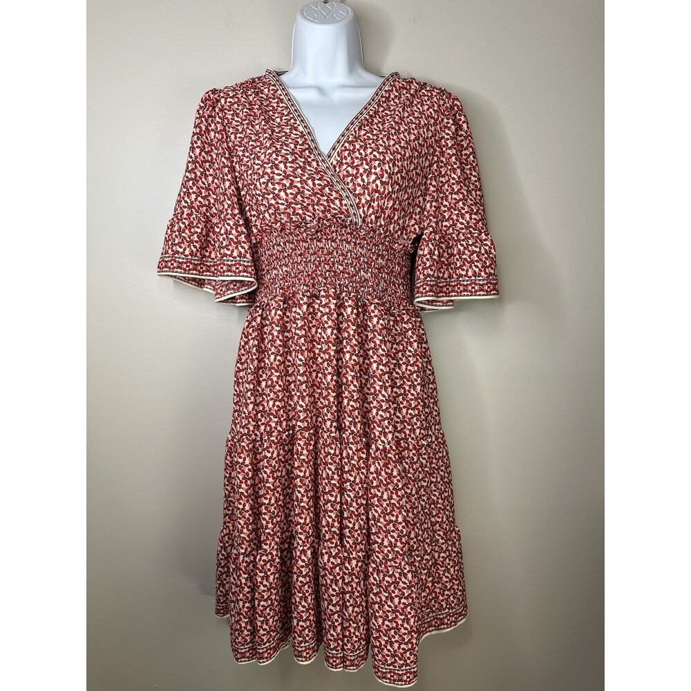 Max Studio Dress Women Size XS Red Floral Print Smocked Waist Boho Cottagecore